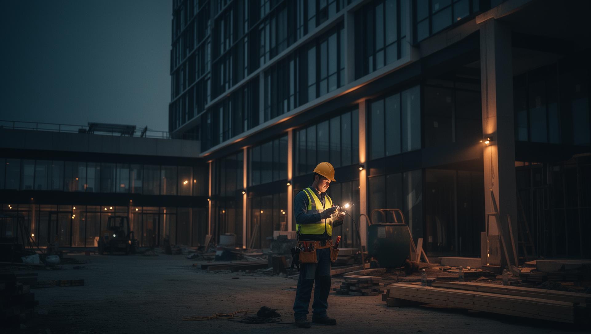 Tradesperson on a worksite reviewing a job on a tablet