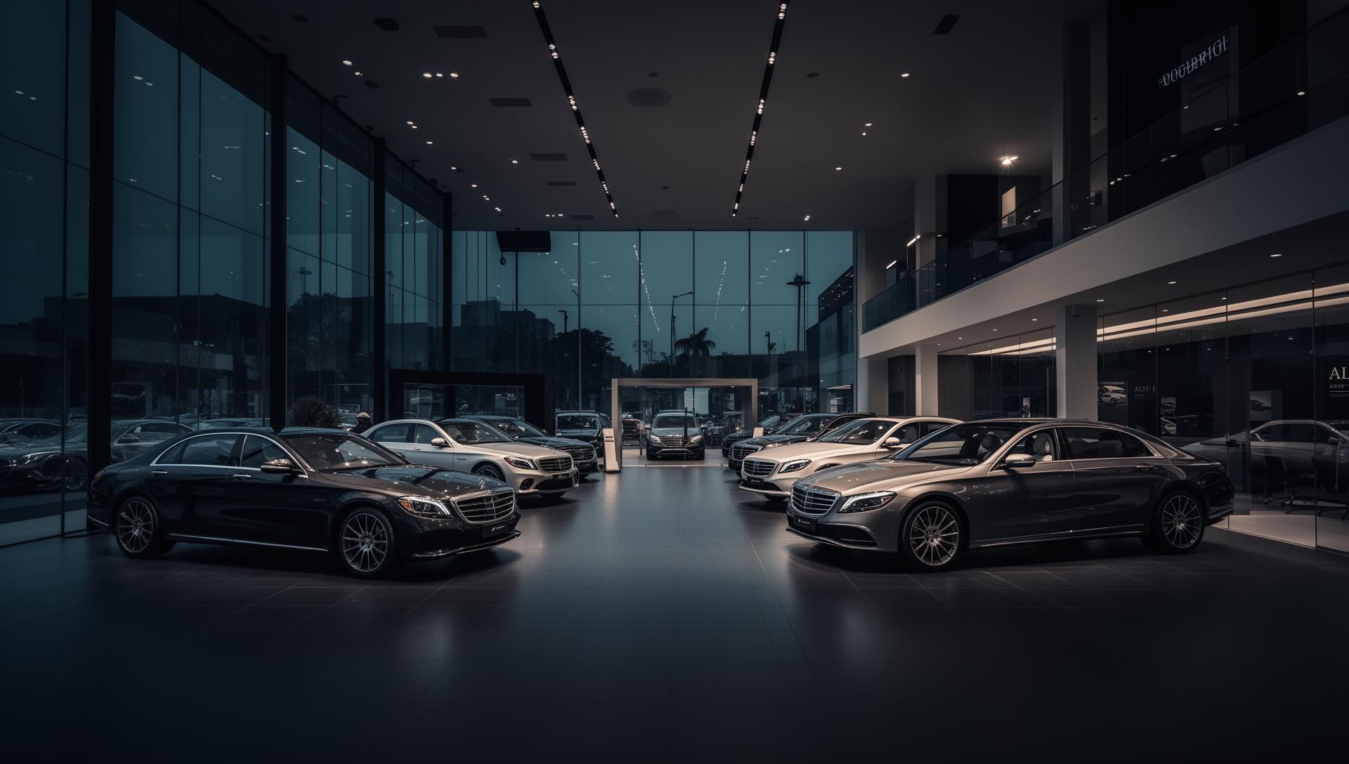 Vehicle dealership showroom with new cars